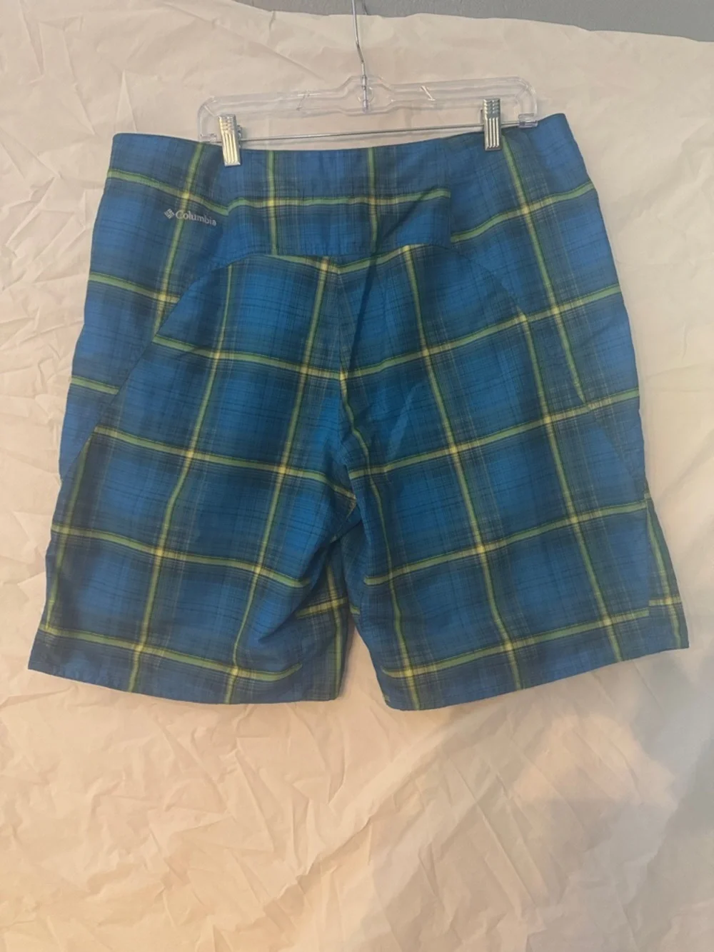 Columbia Blue Plaid Swim Board Shorts with Lime Accents